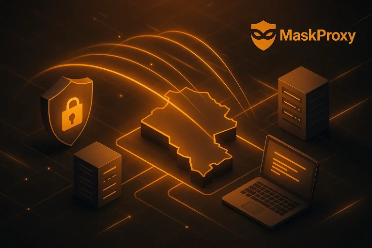 3D scene of secure Armenia-routed network nodes, glowing data paths, and stable identity routing used for regional testing and multi-market operations.