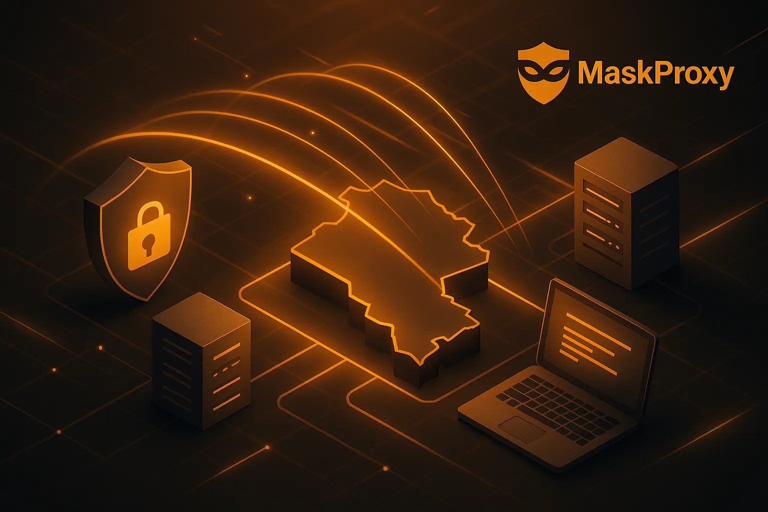 3D scene of secure Armenia-routed network nodes, glowing data paths, and stable identity routing used for regional testing and multi-market operations.