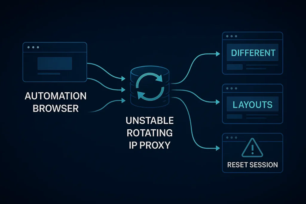 Diagram showing failures when ip proxy routes rotate unpredictably during automation.