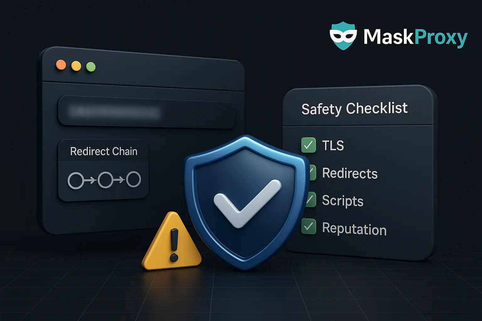 Untrusted link verification dashboard with redirect chain and safety checklist
