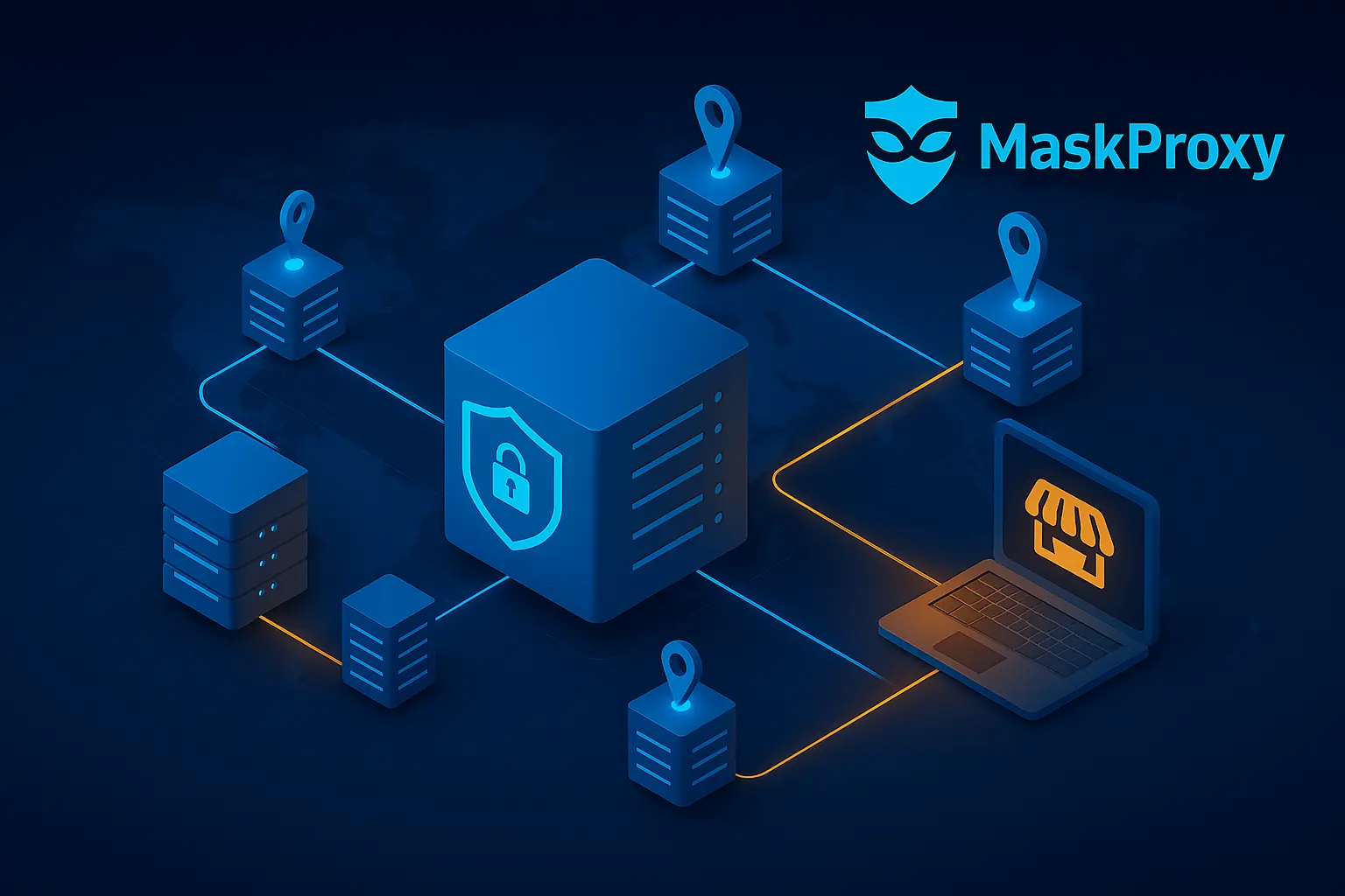 3D isometric illustration of a secure global proxy network and routing nodes that represent how MaskProxy supports scalable, low-risk operations described in the article.