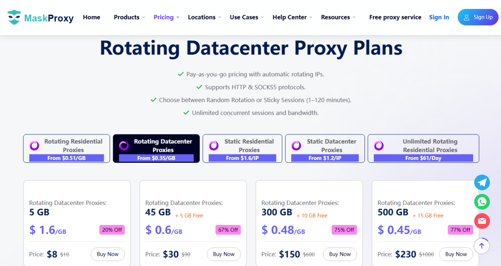 MaskProxy offers affordable rotating datacenter proxy plans designed for high-volume scraping and automation workloads.