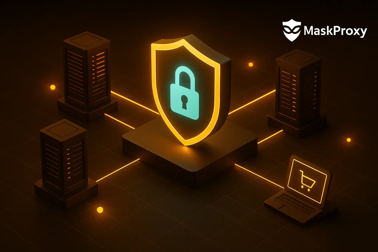A 3D isometric scene showing a glowing shield, linked servers, and a laptop, depicting secure network routing and infrastructure.