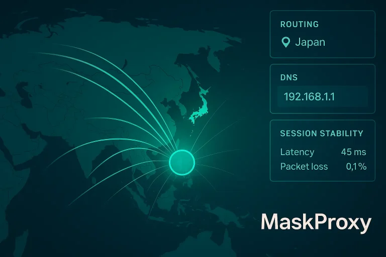 Japan-focused proxy routing map showing cross-border traffic flows, DNS metrics, and stability indicators with a small MaskProxy text label.