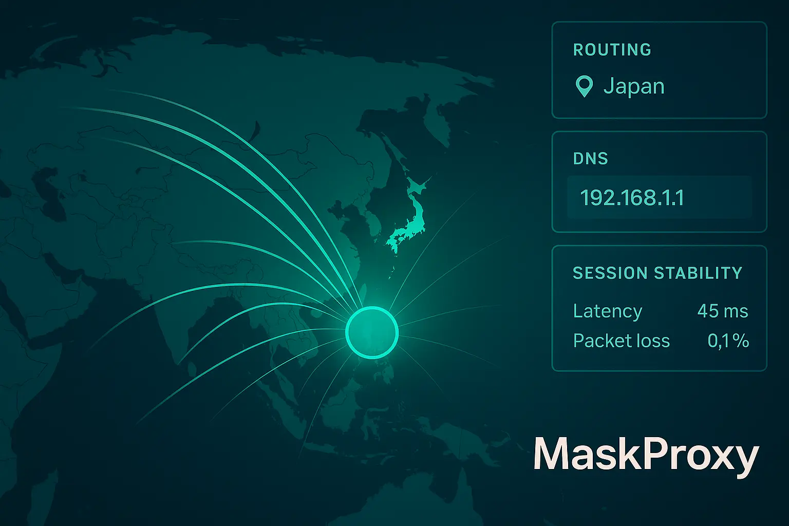 Japan-focused proxy routing map showing cross-border traffic flows, DNS metrics, and stability indicators with a small MaskProxy text label.