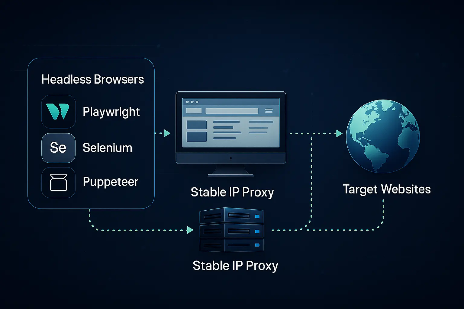 An operator running automated tasks through an IP proxy route using headless browsers.