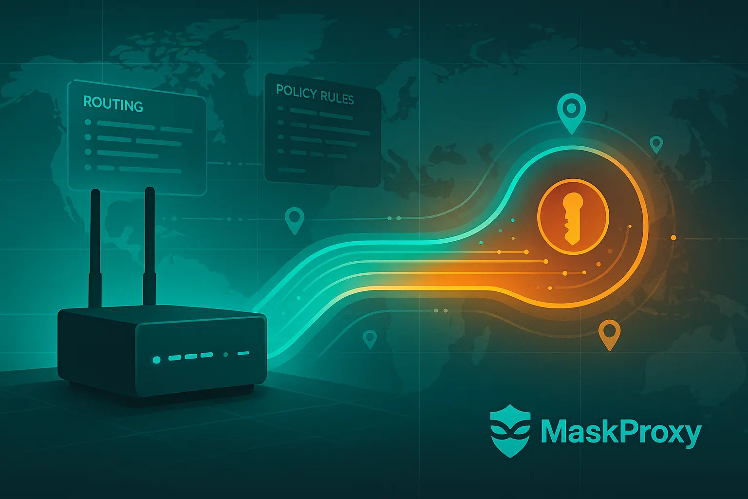 OpenWrt router with WireGuard tunnel flow, showing stable cross-region routing and automation signals in a teal-amber network theme.