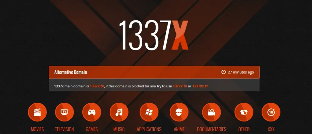 Alternative domain notice on a 1337x-style page