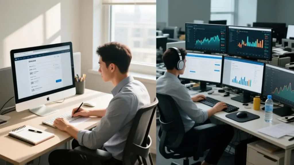 split-screen showing a stable login workflow on one desk and a scaled data collection setup on multiple monitors