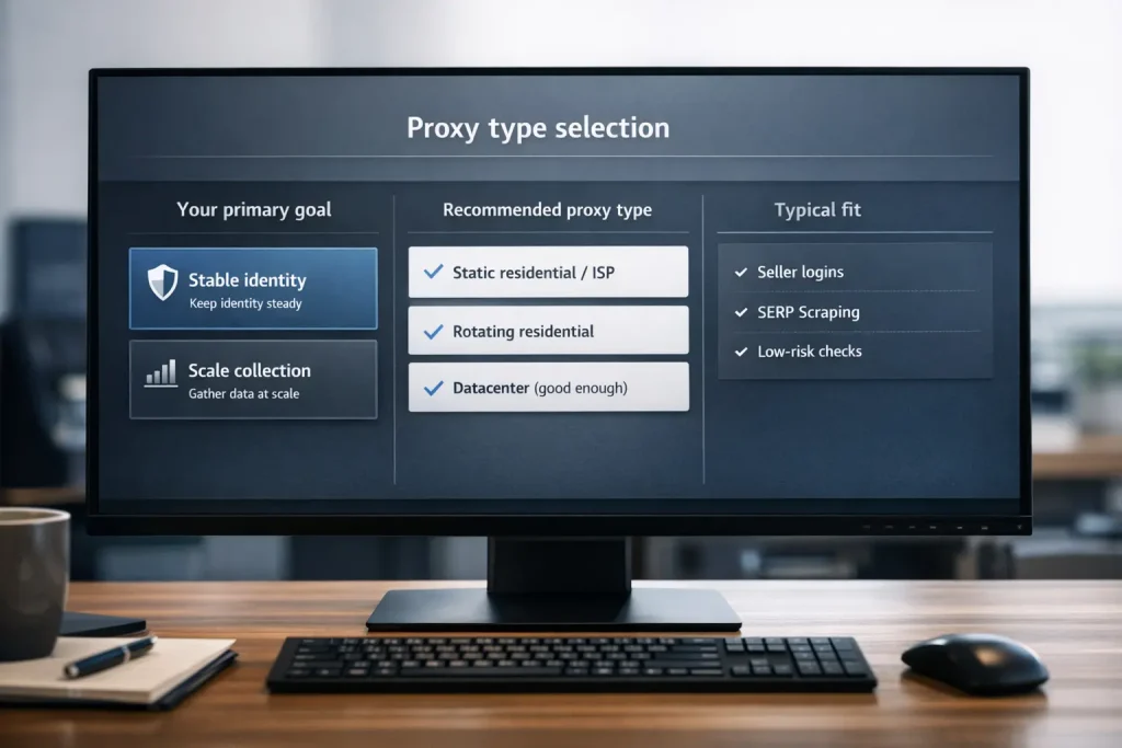 proxy type selection screen comparing static residential, rotating residential, and datacenter options