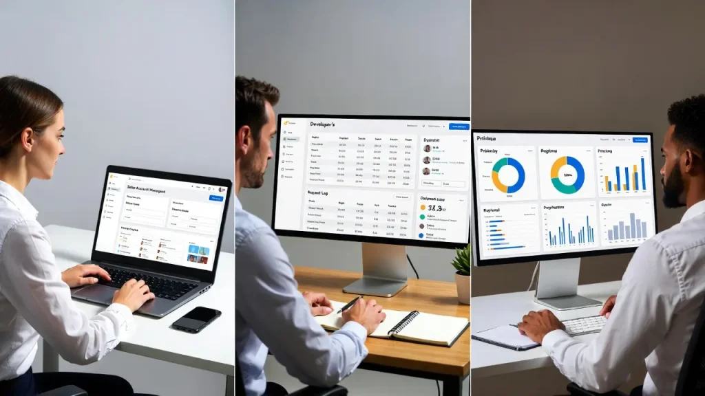three work scenes: seller account work, data monitoring, and regional analysis dashboards