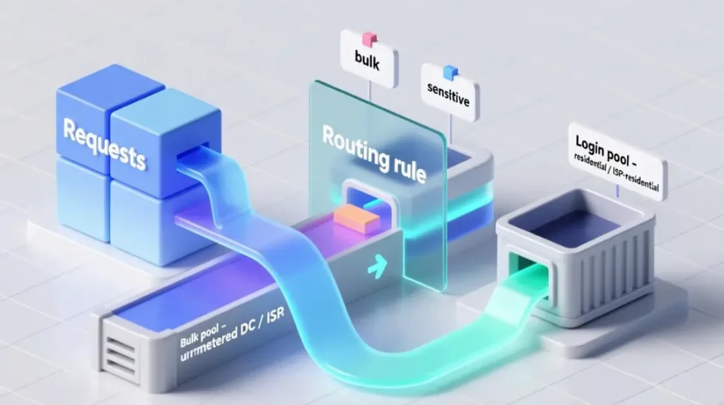 Bulk and sensitive requests routed into DC and residential login pools.