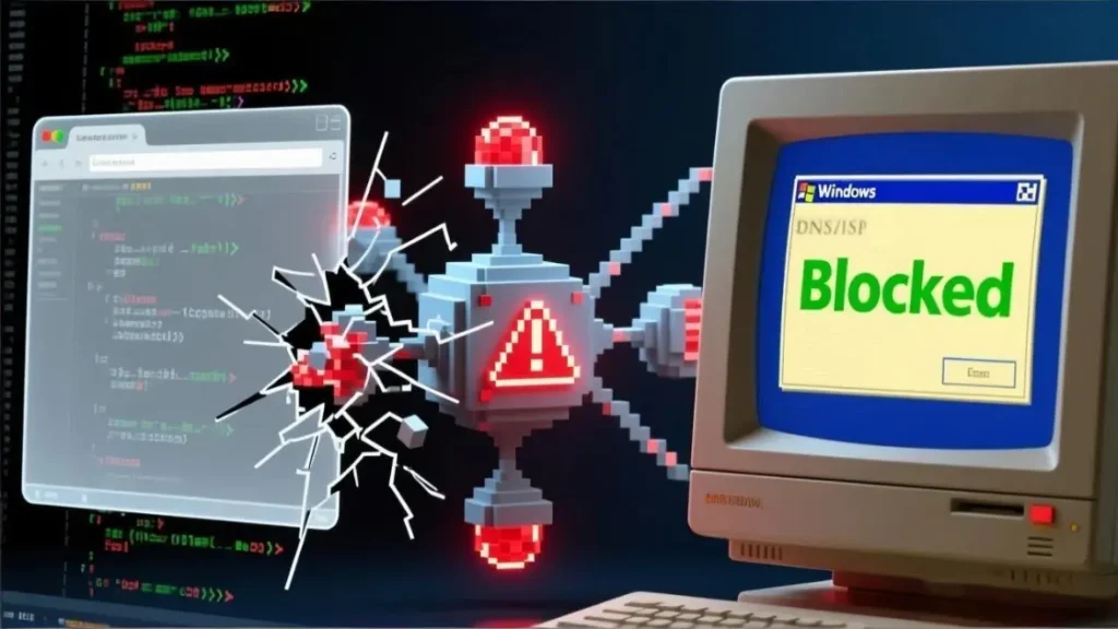 DNS/ISP block warning screen showing “Blocked”