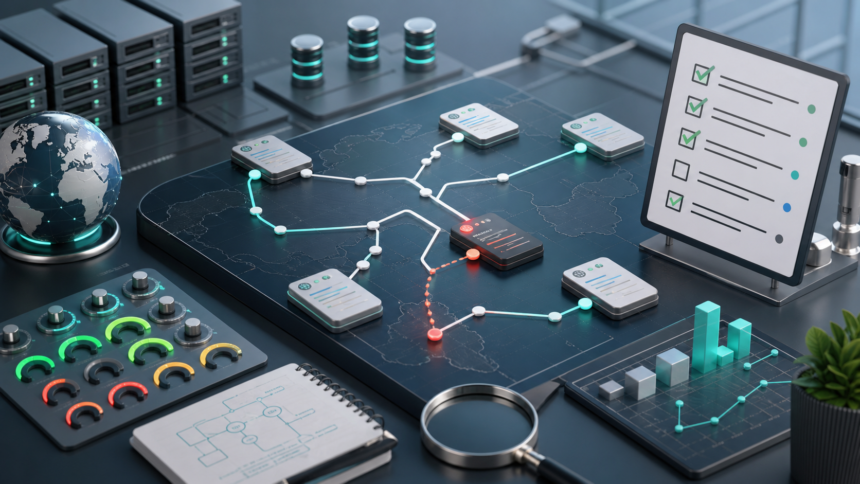 Proxy failover decision flow with route health checks, endpoint paths, and network operations controls