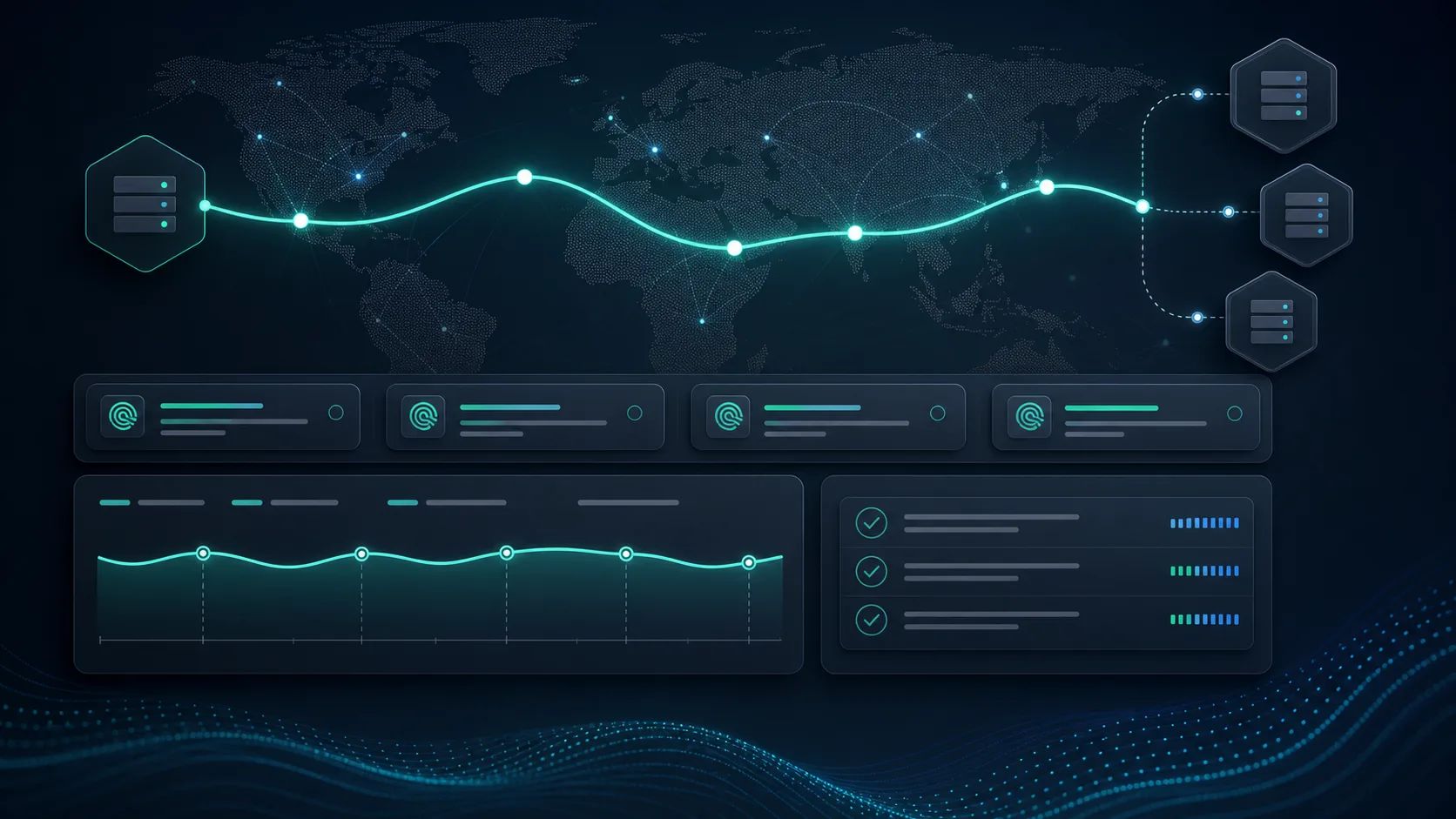 Sticky session proxy route stability dashboard with endpoint nodes, route timeline, and checklist panels