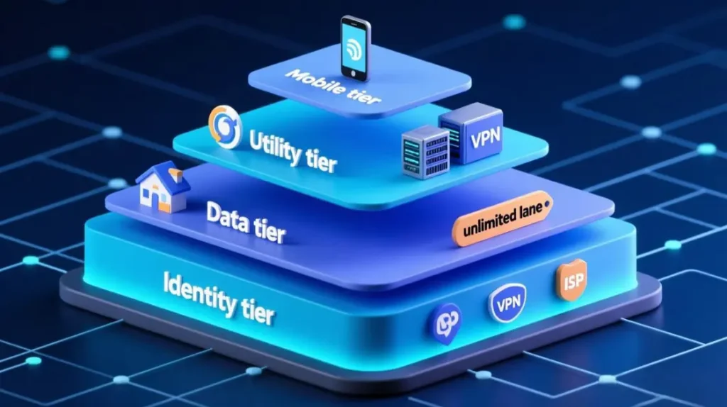 four-layer proxy routing stack with identity, data, utility, and mobile tiers for different workflows