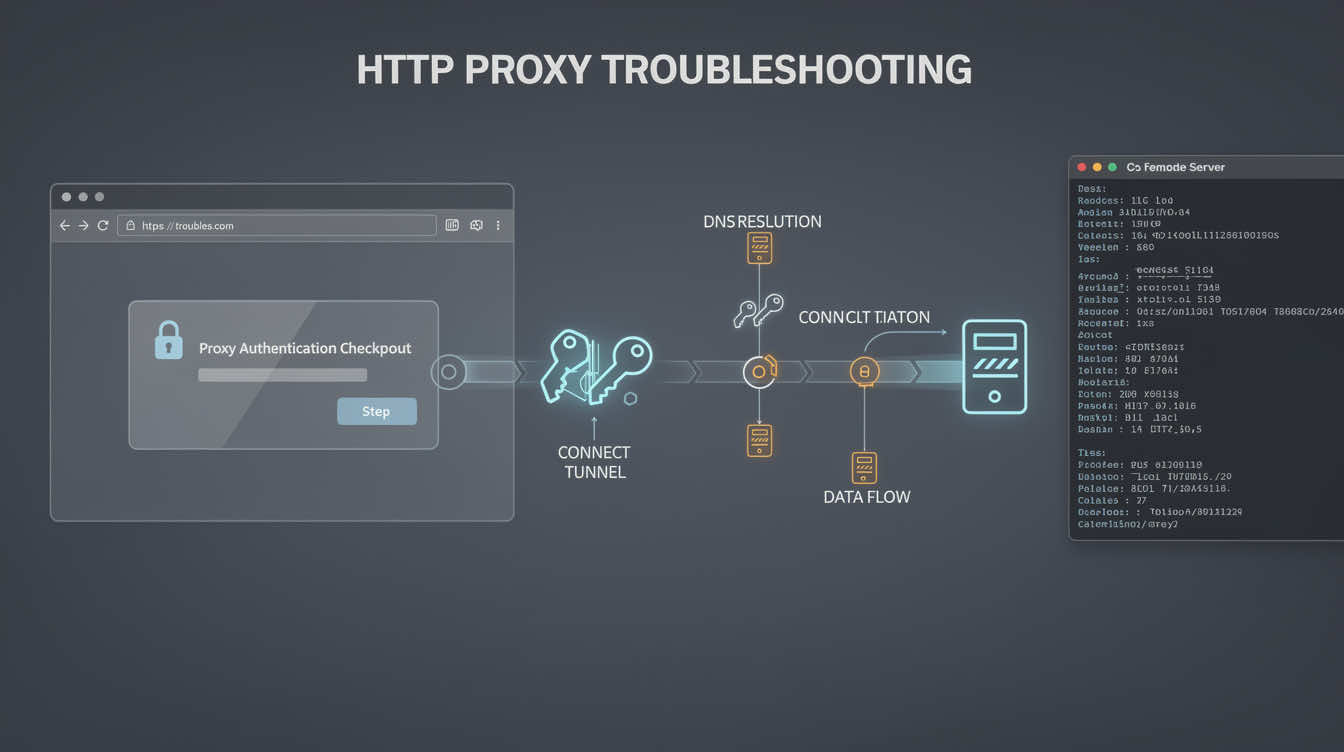 Editorial illustration showing HTTP proxy authentication, CONNECT tunnel flow, and TLS troubleshooting