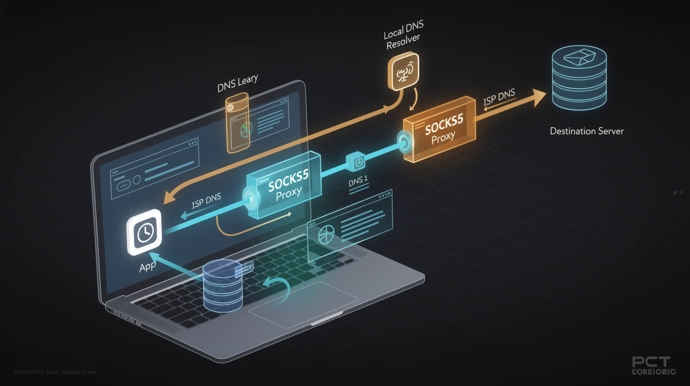 Diagram showing proxied SOCKS5 traffic path and a separate DNS lookup leaking to a local resolver
