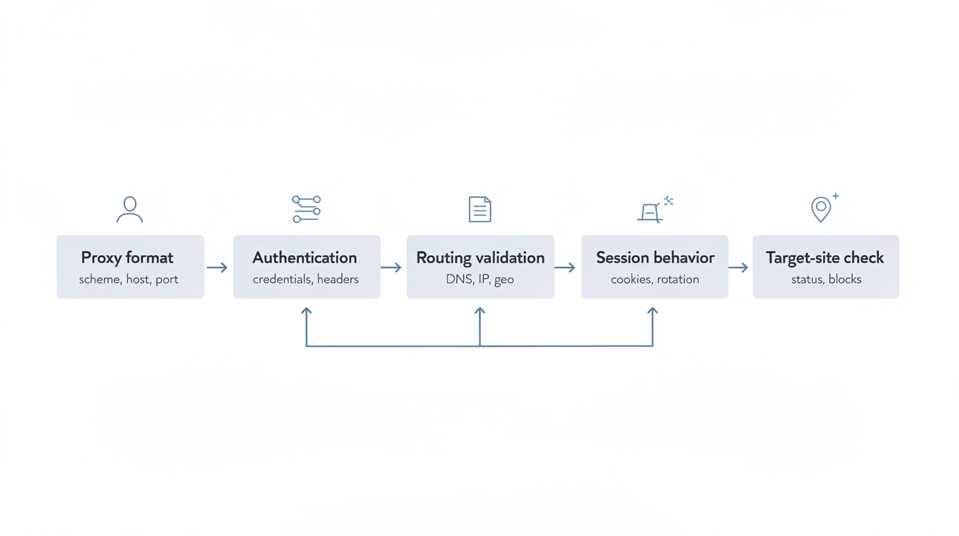 A workflow diagram showing the order for troubleshooting a Playwright proxy: check proxy format, authentication, routing validation, session behavior, and target-site issues.