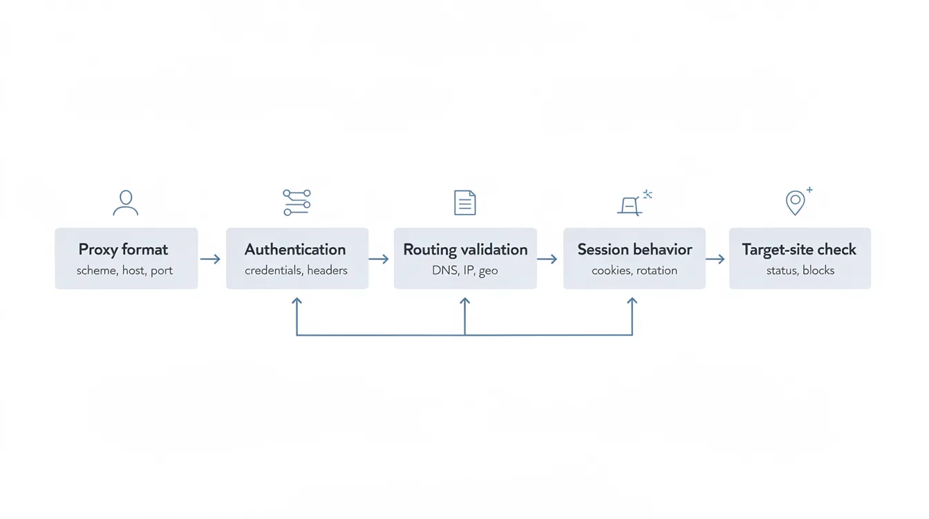 A workflow diagram showing the order for troubleshooting a Playwright proxy: check proxy format, authentication, routing validation, session behavior, and target-site issues.