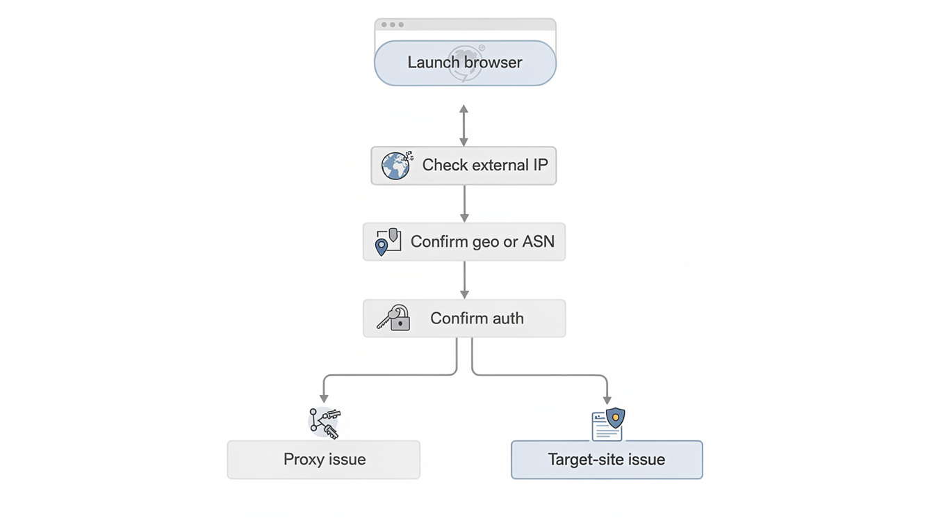 A decision map showing how to validate whether a Playwright proxy is working by checking external IP, geography, authentication, and whether the remaining issue is target-specific.