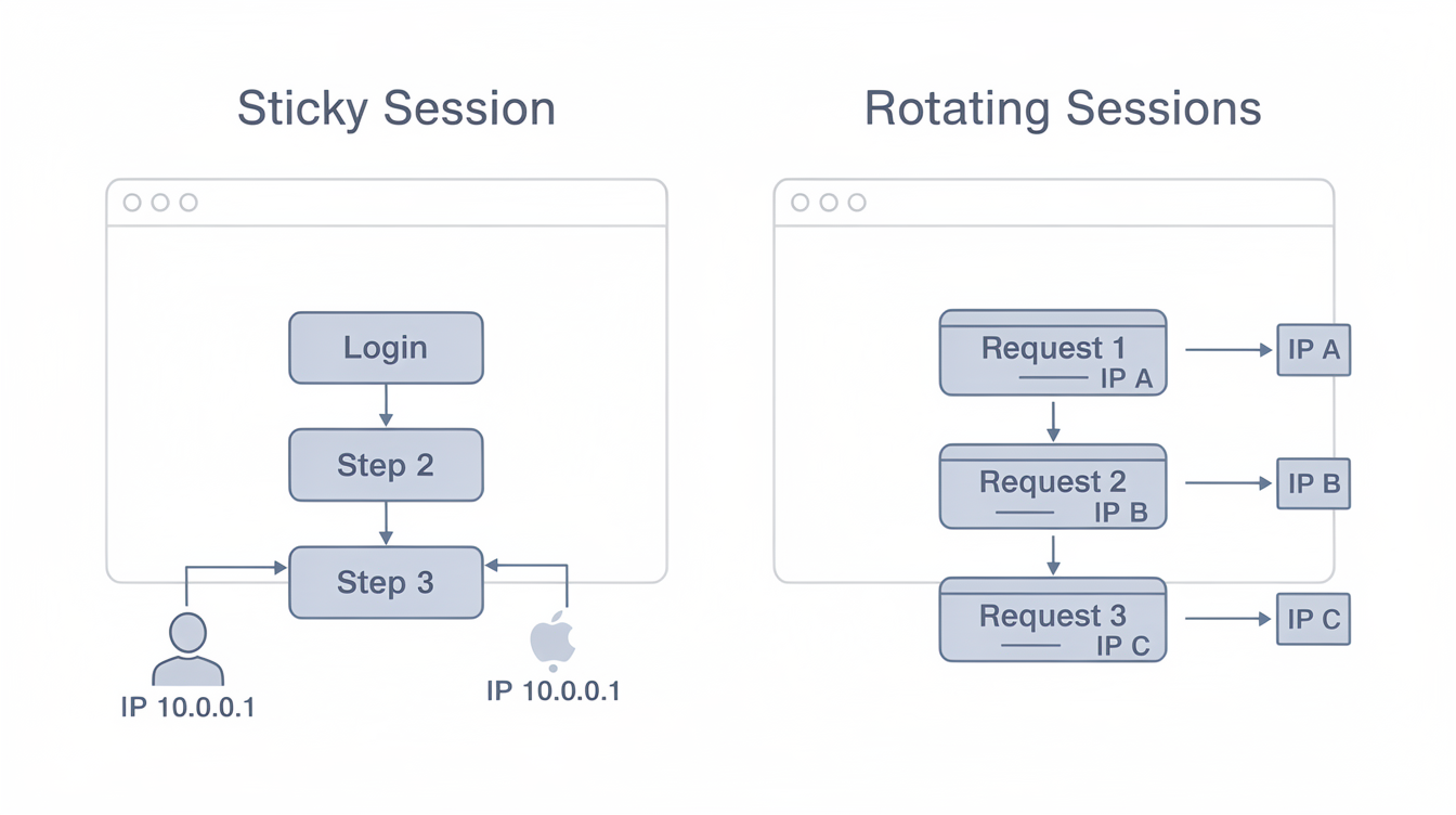 A side-by-side comparison of sticky sessions and rotating sessions in browser automation workflows.