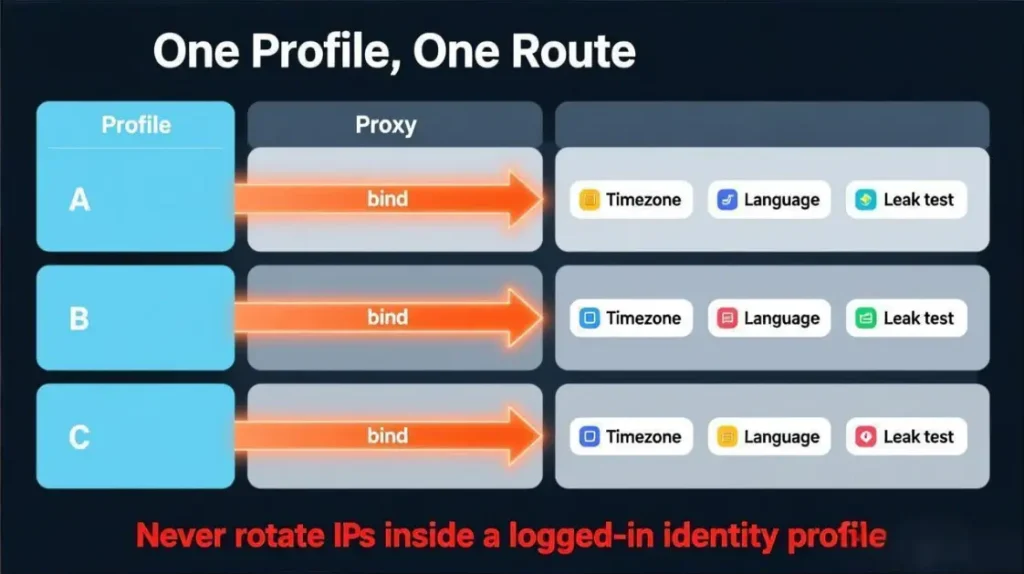 One browser profile mapped to one dedicated proxy route for Instagram