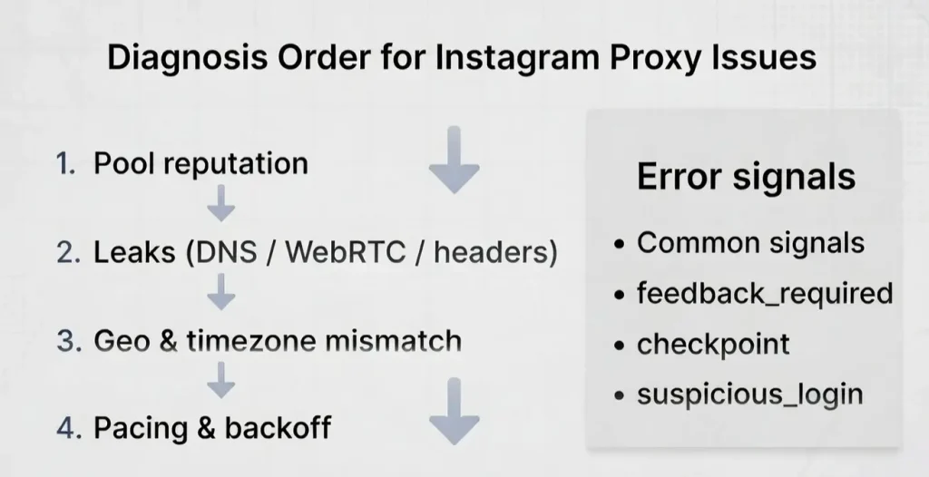 Diagnosis order for Instagram proxy issues and common friction signals