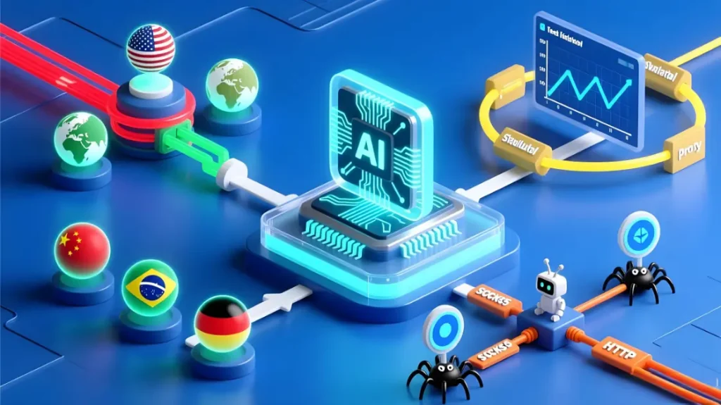 AI data and evaluation traffic flowing through controlled proxy routes, feeding training sets and test runs from different countries and device profiles.