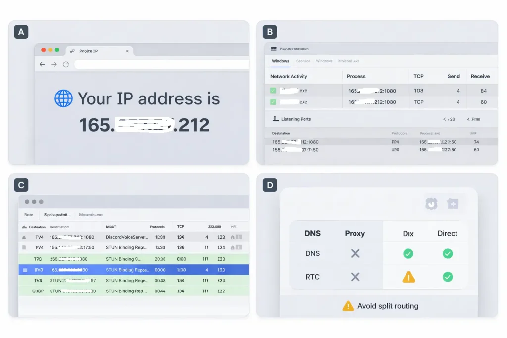 Evidence-based verification: public IP, process connections, TCP/UDP packet capture, DNS and RTC checks