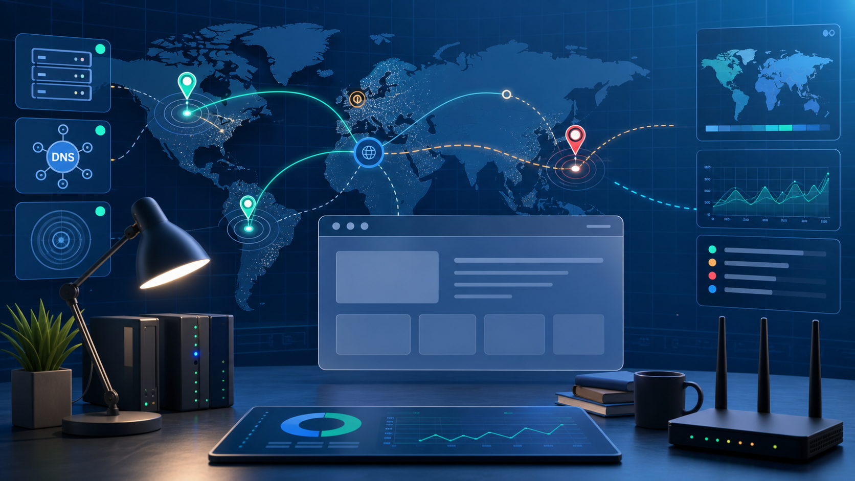 Abstract proxy location mismatch troubleshooting map with IP, DNS, and routing checks