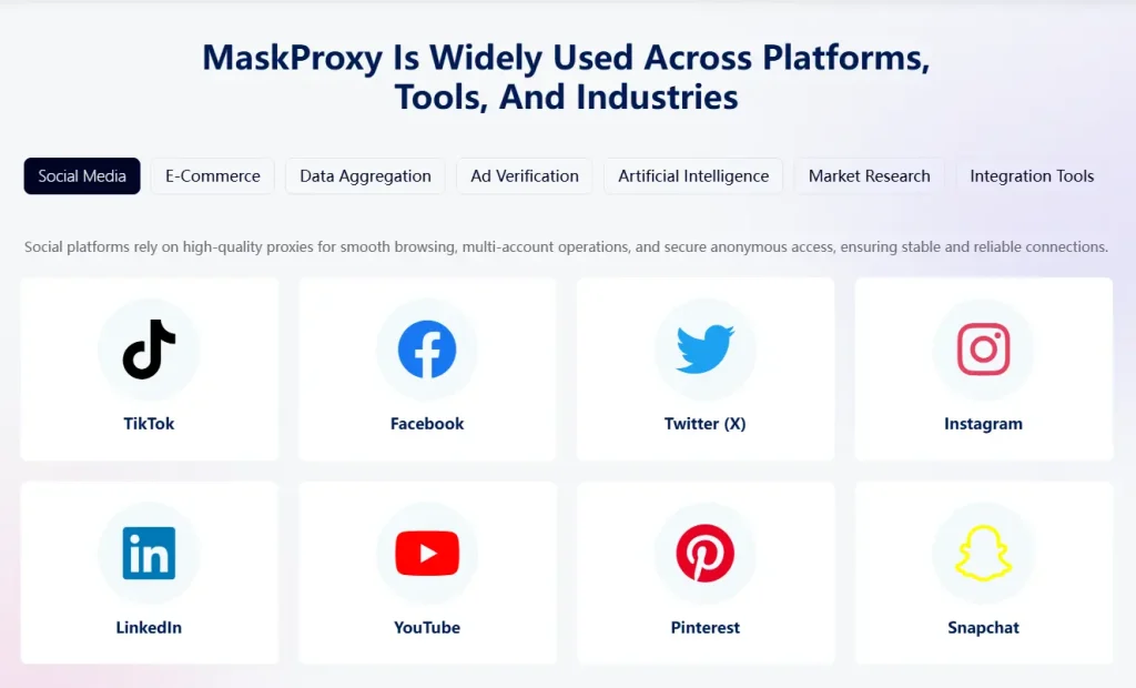 Social platforms where proxy routing choices are common: TikTok, Facebook, X, Instagram, LinkedIn, YouTube, Pinterest, Snapchat.