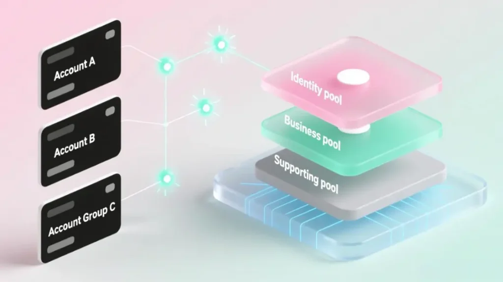 Accounts mapped to identity, business and supporting proxy pools.