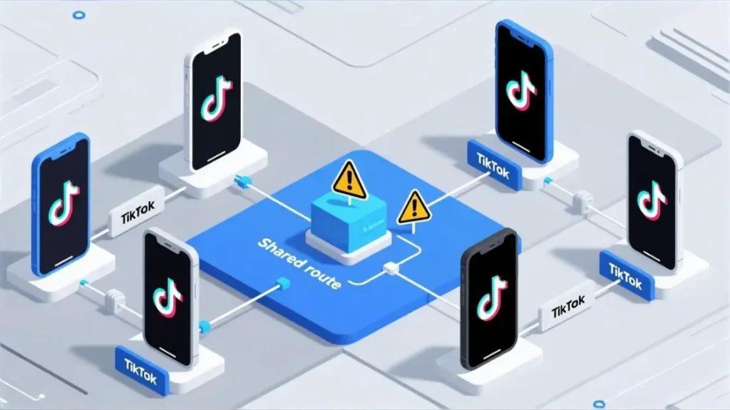 Multiple TikTok accounts each using their own isolated network route during warm-up