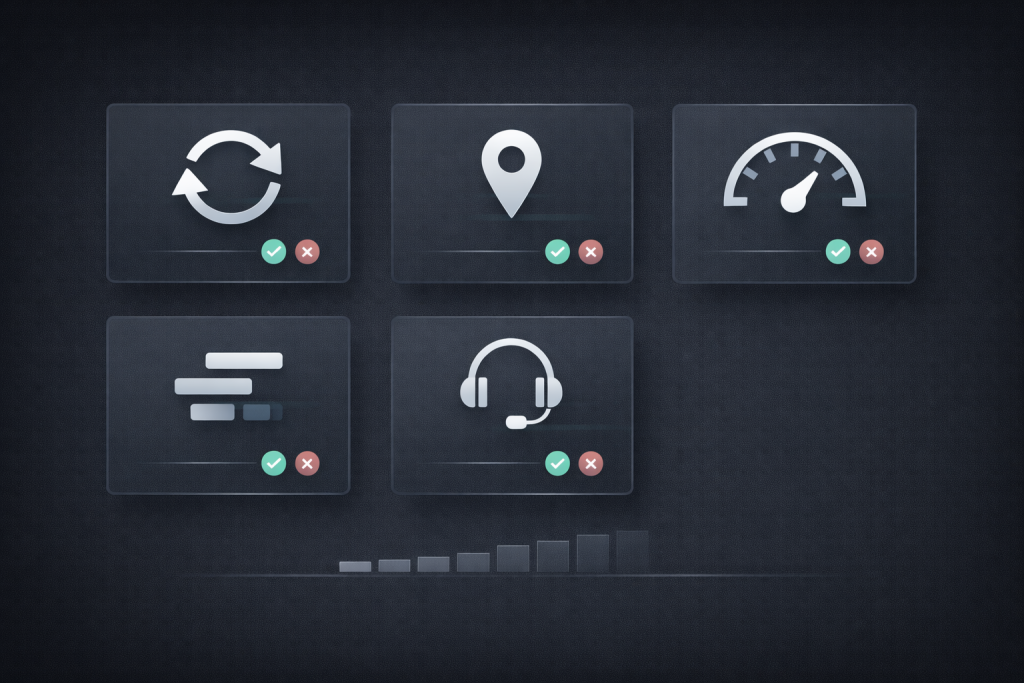 Provider evaluation scorecards for session persistence, geo accuracy, observability, and support.
