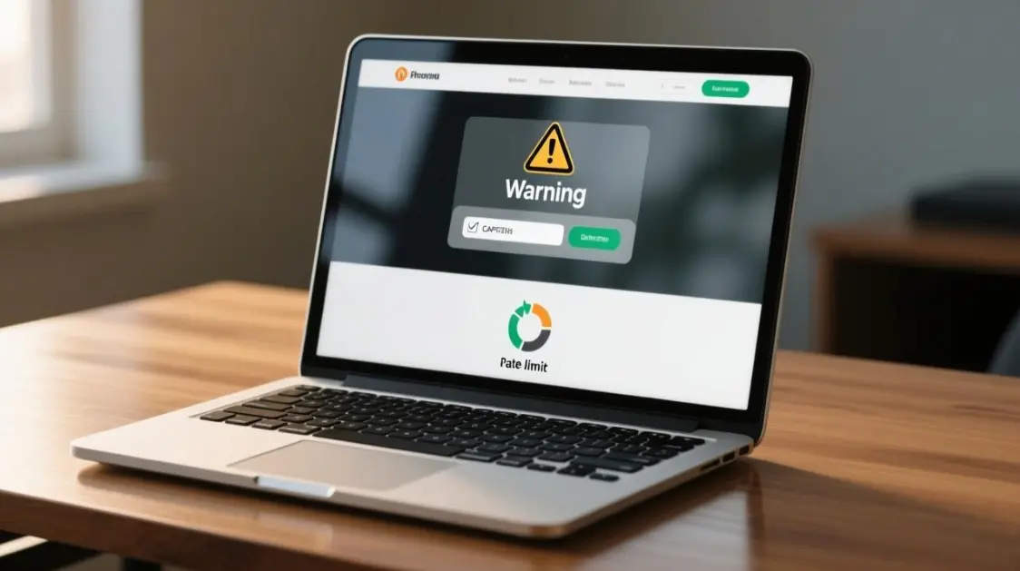 Browser verification challenge and access restriction indicators on a clean modern workstation