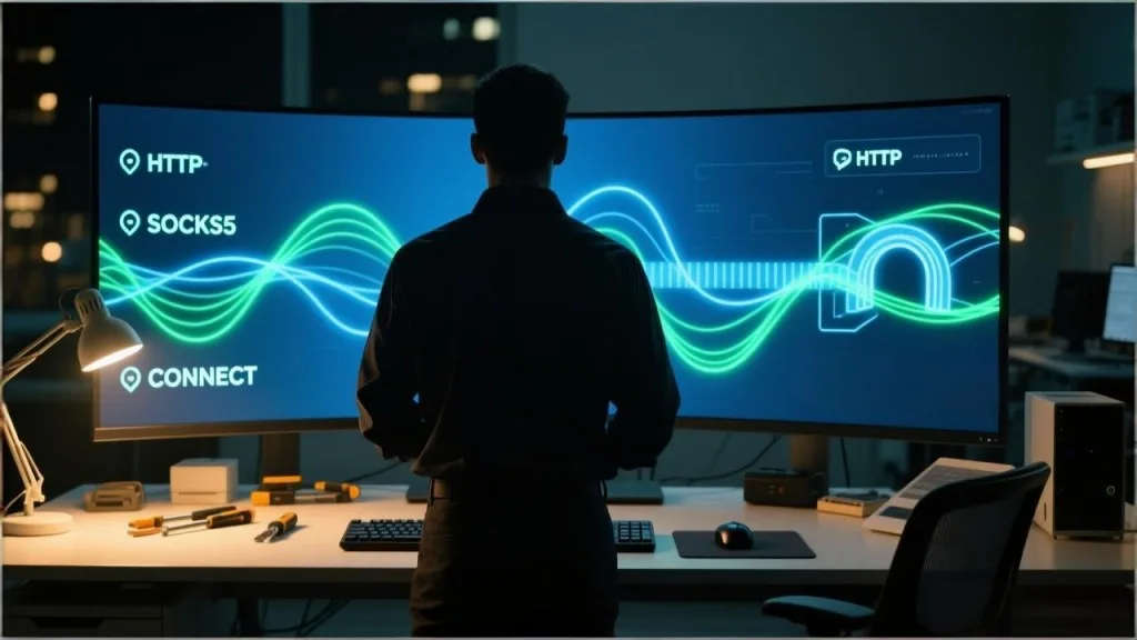 Engineer reviewing proxy protocol flows on a modern operations dashboard