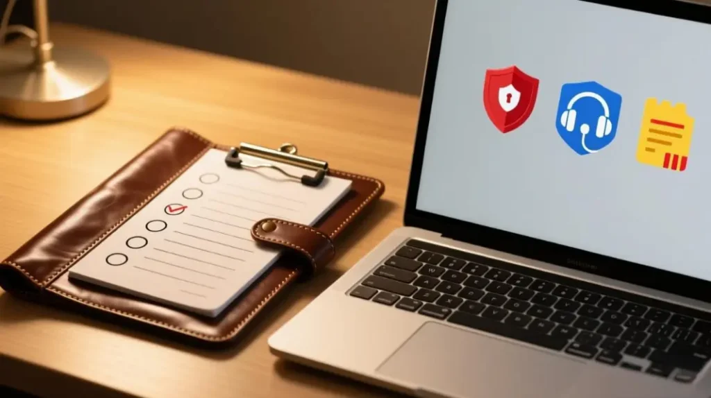 Proxy provider evaluation checklist on a clipboard beside a laptop, highlighting billing, authentication, support, security, and documentation for Shopify workflows