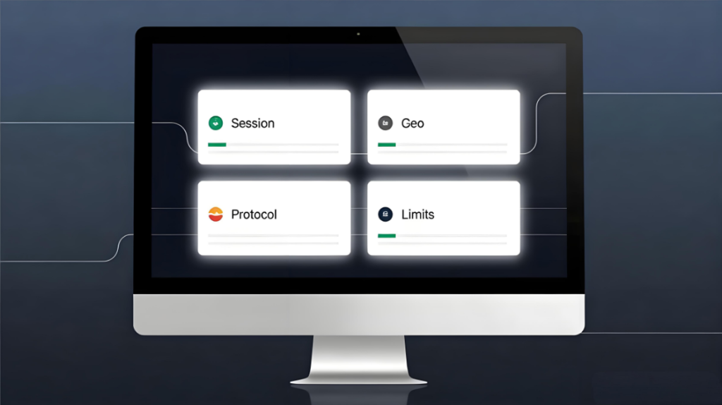 Proxy setup checklist with session, geo, protocol, and limits