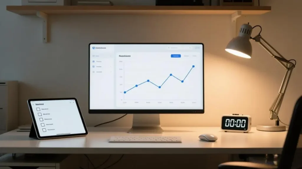 Troubleshooting workspace with checklist, timer, and simple metrics dashboard