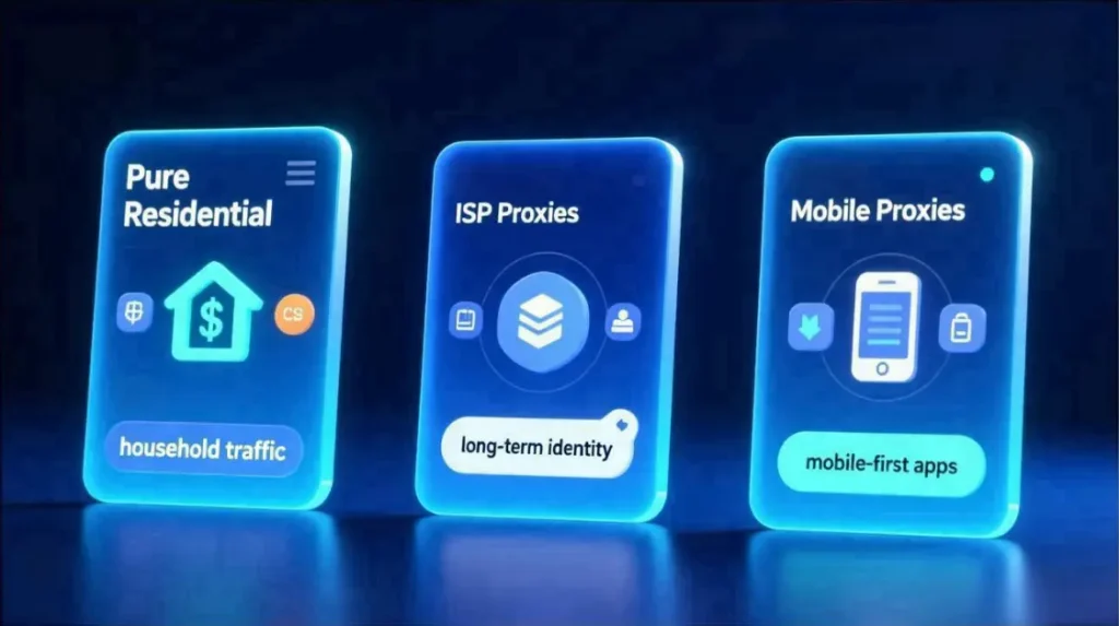 comparison of pure residential, ISP, and mobile proxies with different trust, stability, and cost profiles