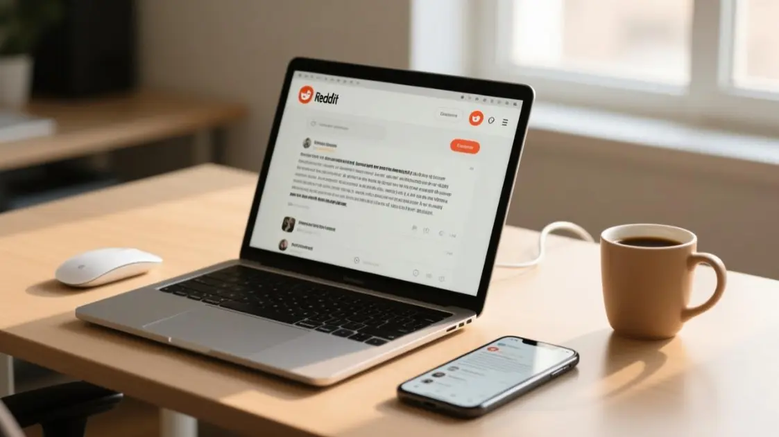 Modern workspace with a laptop and phone showing a Reddit-style feed for a Reddit proxy guide