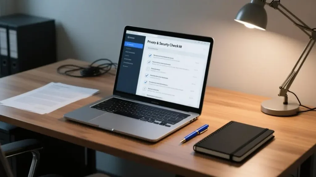Desk scene with a privacy checklist and policy document representing compliant Reddit proxy use