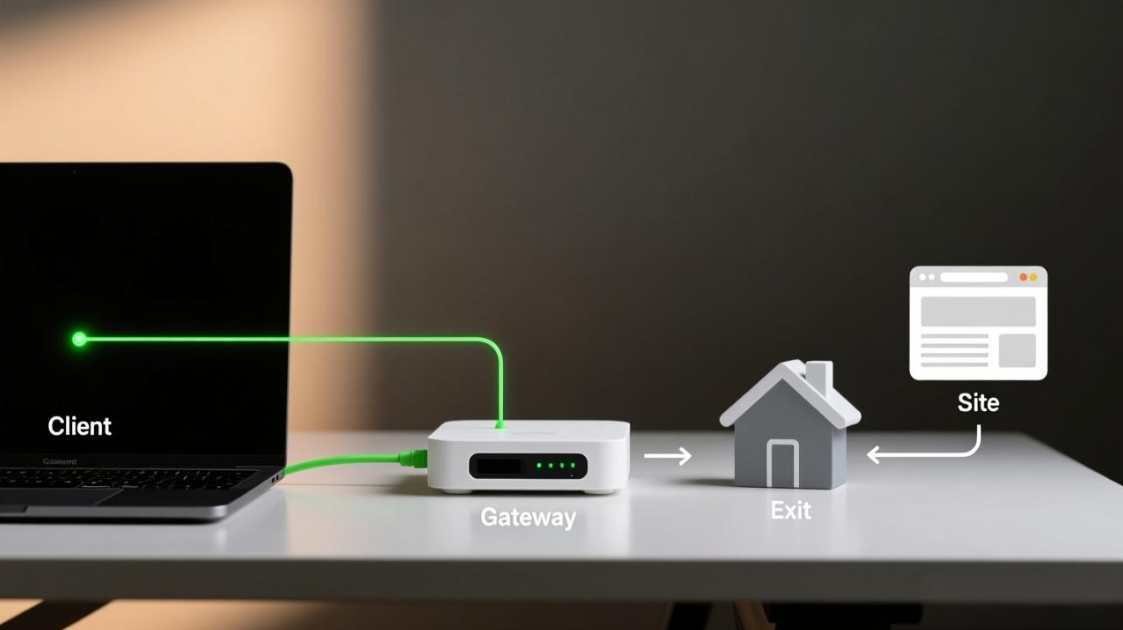 Residential proxy routing flow via gateway and ISP exit IP