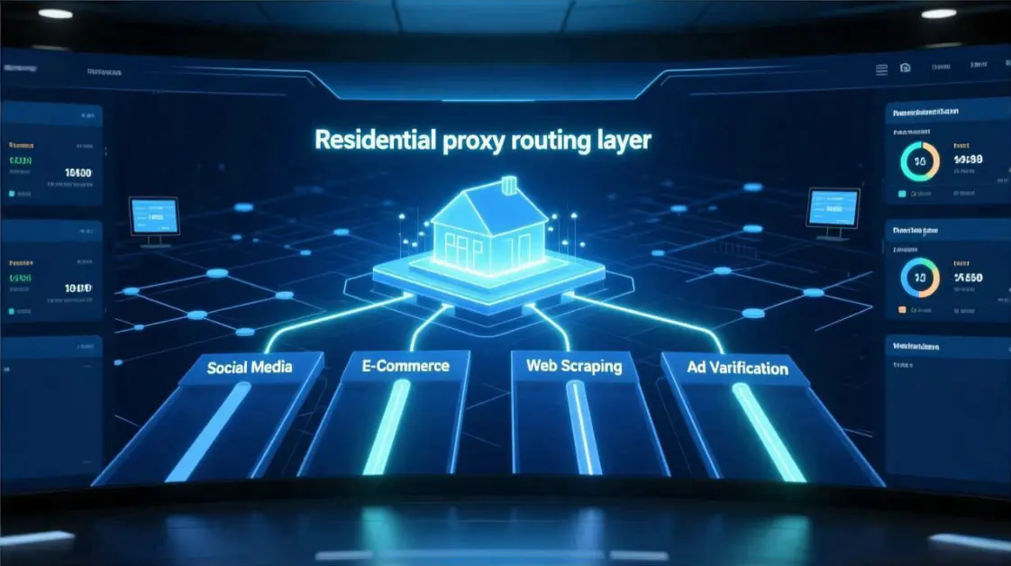 Residential proxy routing layer feeding social media, ecommerce, web scraping and ad verification workflows