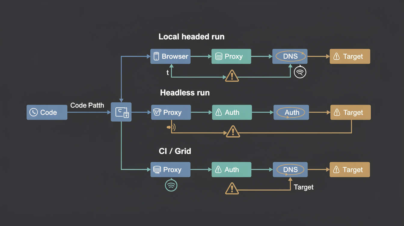 Diagram showing Selenium proxy routing differences across local, headless, and CI or Grid environments