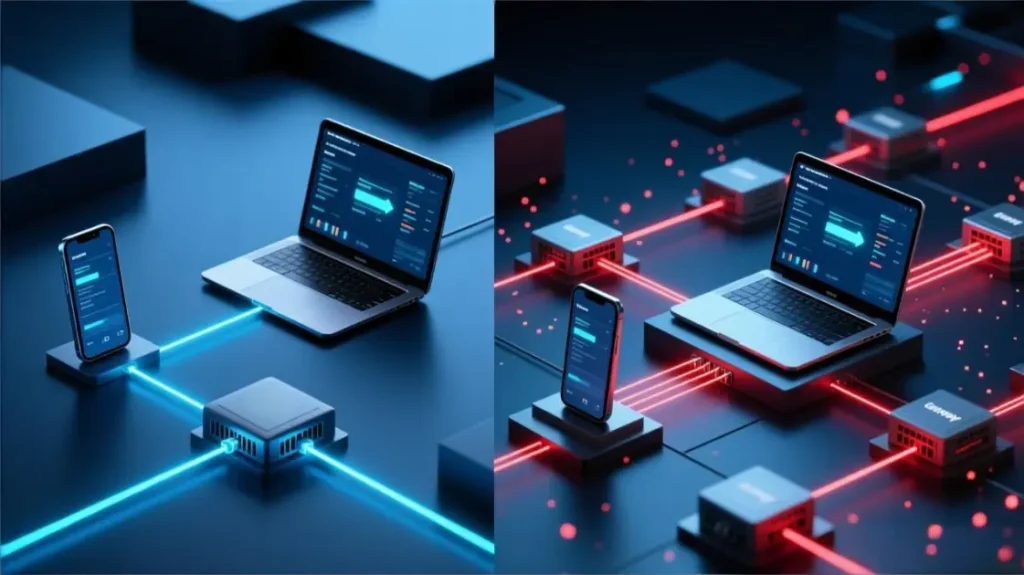 Stable route versus frequent route switching illustrated with devices and gateway nodes