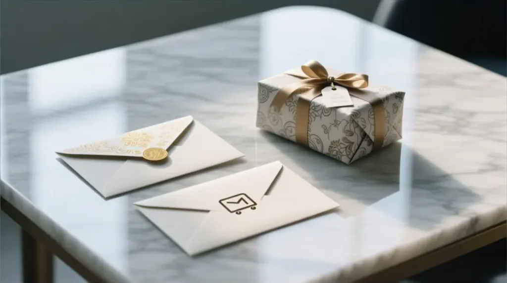 Mail forwarding analogy visual for Shopify proxies with two envelopes and a forwarding label concept, representing proxy as a middle stop