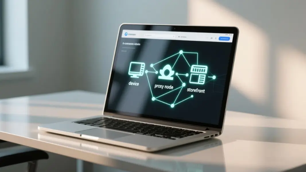 Conceptual illustration of a network exit path for Shopify proxies, showing device to proxy node to storefront with emphasis on stability and control