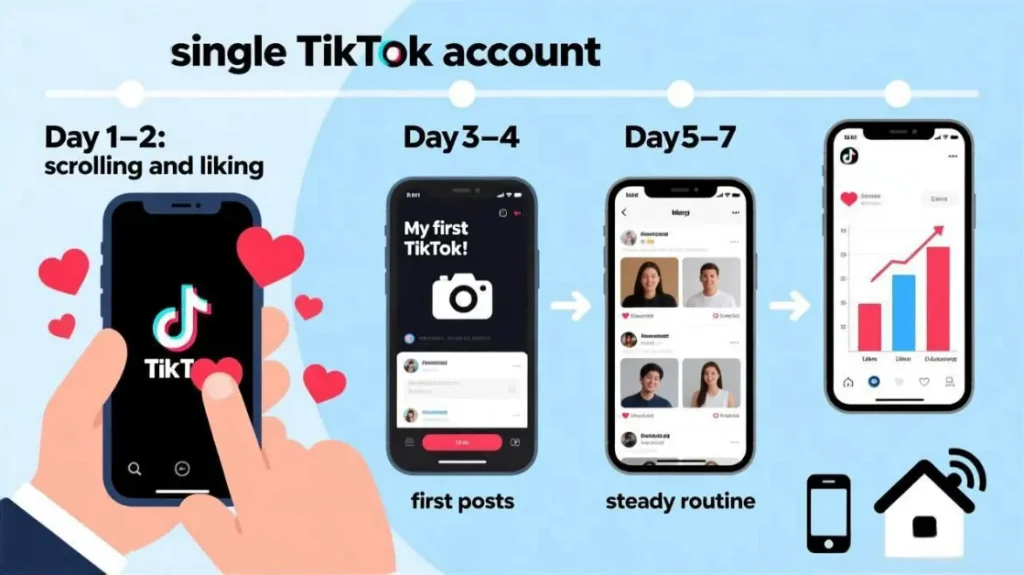 Seven day warm-up timeline for a single new TikTok account on a stable network
